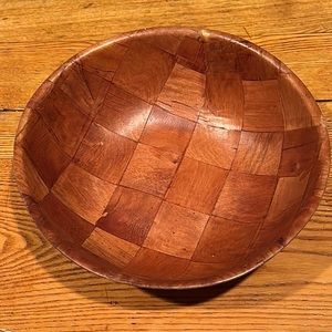Vintage 70s Woven Wood Parquet Salad/Popcorn/Fruit Bowl Farmhouse Rustic 10”